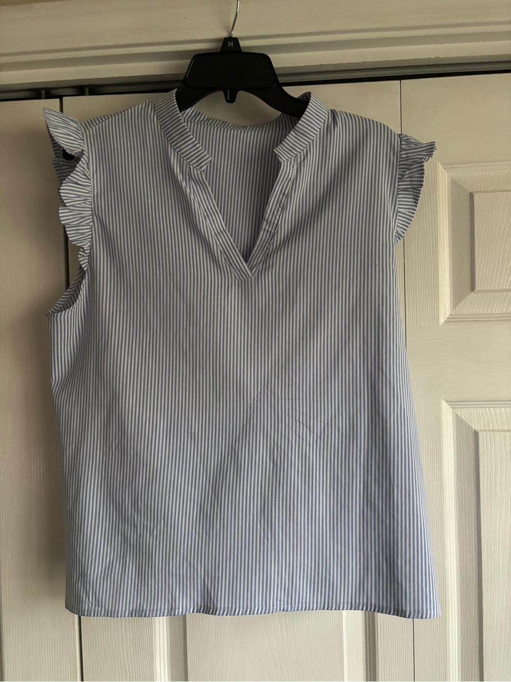 Sleeveless Blue Pinstripe Ruffle-Trim Top